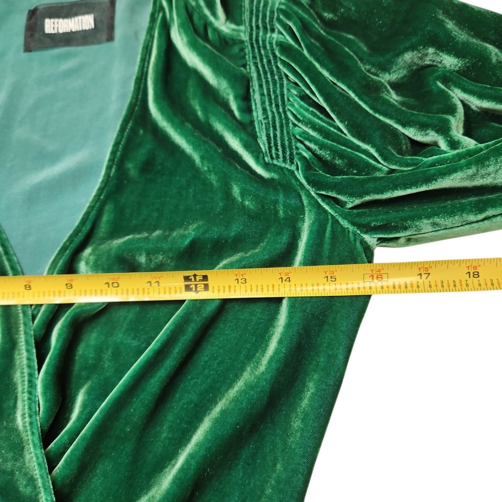 Reformation Size XS Emerald Green Velvet Wrap Mini Dress‎ 3/4 Sleeve Burnout - Picture 9 of 13